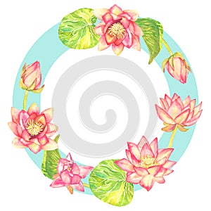 Circle frame greeting card design of pink lotus flowers on blue ring backdrop, white background
