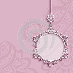 Circle frame, lace pendant on pink background