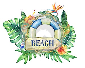 Circle frame with lifebuoy, flowers and tropical plants.