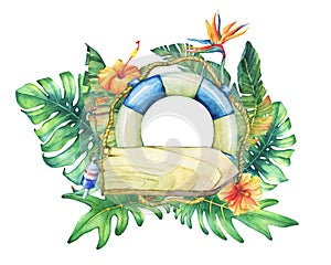 Circle frame with lifebuoy, nameplate, flowers and tropical plants. photo