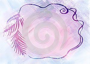 circle Frame on light Watercolor paint abstract background. Pink, blue white and violet spot texture. Backdrop of spots