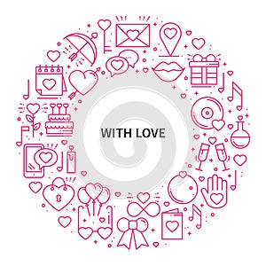 Circle frame with love symbols in line style. Love couple relationship dating wedding romantic amour concept theme