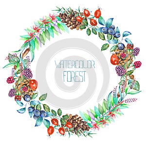 A circle frame, wreath with a floral ornament of the watercolor forest elements: berries, cones, leaves and branches