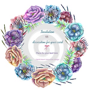 Circle frame, wreath with the watercolor anemone flowers