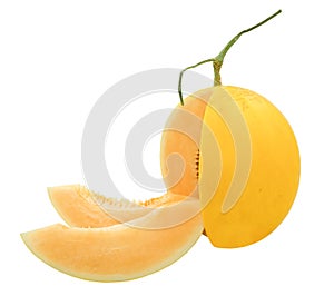 Circle fresh golden yellow water melon fruit slice pieces for eat. Isolated on white background with clipping path no people