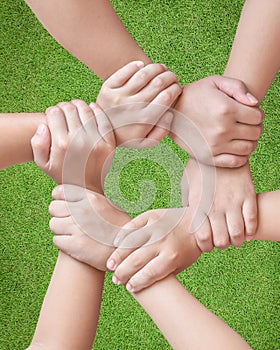 Circle of friend`s unity , kid`s friendship concept with isolated children`s hands bonding in circle