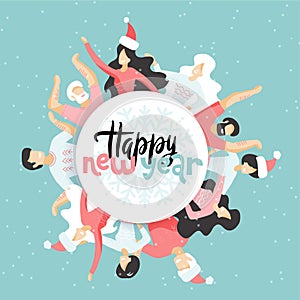 Circle of Friends avatars of different genders as a symbol of New year party. Happy Ney year greeting card. People hugging and