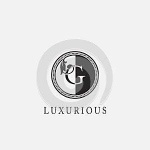 Circle G Letter Logo Icon. Classy Vintage Ornate Leaf Shape design on black and white color for business initial like fashion,