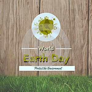 Circle with globe and recycling symbols and world earth day, protect the environment text over table