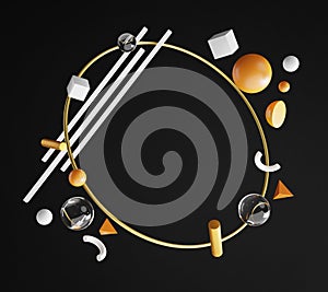 Circle Gold Frame. Blank Space on Dark Background. Stylish 3D Rendering Object