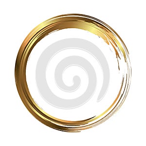 Circle gold frame painted with brush strokes on white background. Abstract vector design element. Gold concept. Vector
