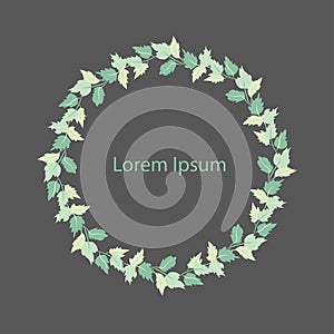 Circle green leaves wreath frame on black Lorem ipsum