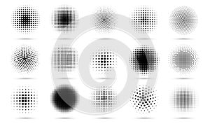 Circle halftone. Abstract dotted circles, round halftones geometric dots gradient and pop art texture. Dot spray