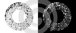 Circle with halftone black dots as advertising background or logo or icon. A black figure on a white background and an equally