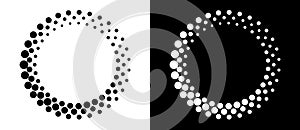 Circle with halftone black dots as advertising background or logo or icon. A black figure on a white background and an equally