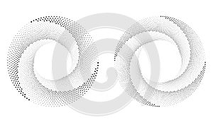 Circle with halftone black dots as advertising background or logo or icon. Design spiral dots backdrop. Abstract monochrome