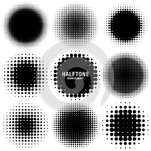 Circle halftone design elements with black dots isolated on white background. Comic dotted pattern.Vector illustration.