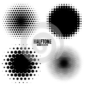 Circle halftone design elements with black dots isolated on white background. Comic dotted pattern.Vector illustration.