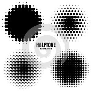 Circle halftone design elements with black dots isolated on white background. Comic dotted pattern.Vector illustration.