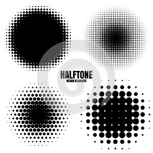 Circle halftone design elements with black dots isolated on white background. Comic dotted pattern.Vector illustration.