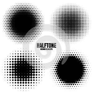 Circle halftone design elements with black dots isolated on white background. Comic dotted pattern.Vector illustration.