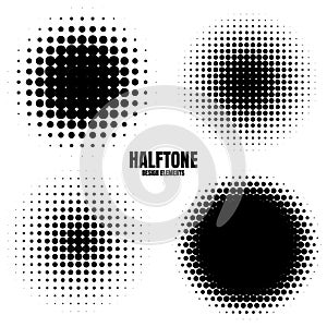 Circle halftone design elements with black dots isolated on white background. Comic dotted pattern.Vector illustration.