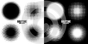 Circle halftone design elements with black dots isolated on white background. Comic dotted pattern.Vector illustration.