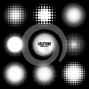 Circle halftone design elements with white dots. Comic dotted pattern.Vector illustration.