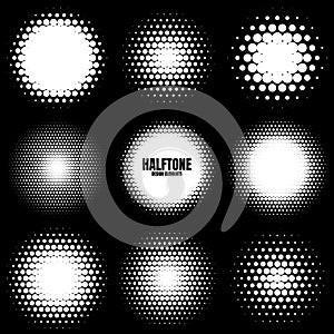 Circle halftone design elements with white dots. Comic dotted pattern.Vector illustration.