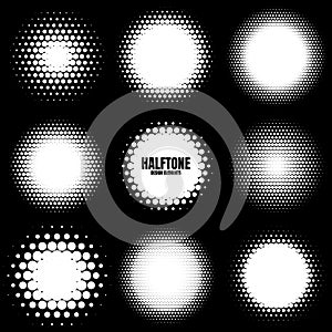 Circle halftone design elements with white dots. Comic dotted pattern.Vector illustration.