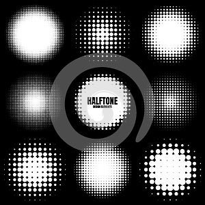 Circle halftone design elements with white dots. Comic dotted pattern.Vector illustration.