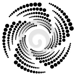 Circle halftone element, circular half-tone pattern. Spiral, vortex, swirl shape.