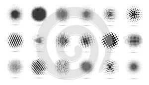 Circle halftone set. Modern dotted circles halftones. Black dotwork gradients