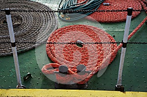 Circle hanks of rope on deck of fishing boat