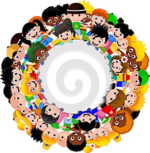 Circle of happy children of different races