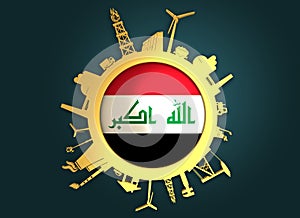 Circle with industry relative silhouettes. Iraq flag