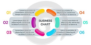 Circle infograph chart or diagram with 6 steps or elements. Business process layout for modern presentation.