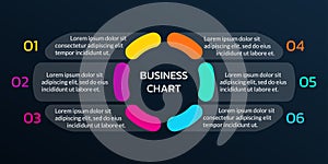 Circle infograph chart or diagram with 6 steps or elements. Business process layout for modern presentation. Timeline info graphic