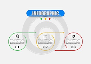 Circle infographic design template presents three elements. Business infographics with icons and 3 options, steps. Can use for