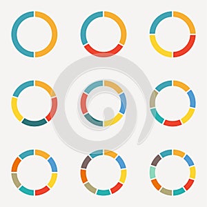 Circle infographics concept with 2,3,4,5,6,7,8,9,10 steps, parts, levels or options.Circular diagram set. Pie chart template.