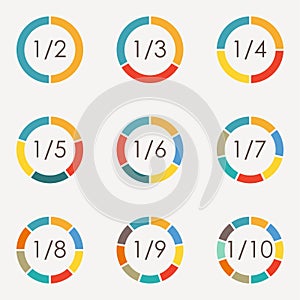 Circle infographics concept with 2,3,4,5,6,7,8,9,10 steps, parts, levels or options.Circular diagram set. Pie chart template.