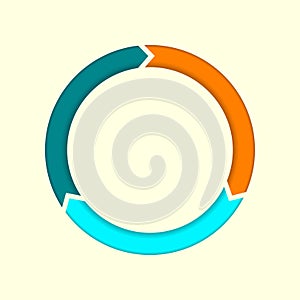 Circle infographics element with cycle arrows. Pie chart with 3 steps, option or levels. Vector illustration