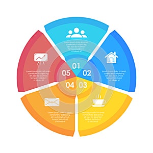 Circle infographics template can be used diagram, presentation or web design. Business concept with 5 options or steps.