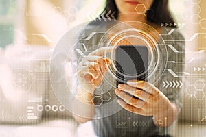 Circle Interface with woman using a smartphone