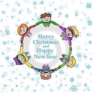 Circle kids winter frame, round Christmas background with children and snow