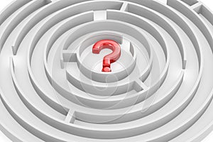 Circle labyrinth and question mark. 3D illustration