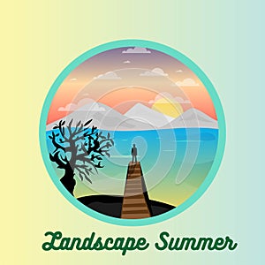 Circle Landscapes Icons in Trendy Flat Style man looking sea nature