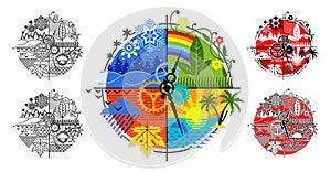 Circle of life. All seasons cycle symbol. Spring, summer, autumn, winter. Hands of the life clock. Vector illustration