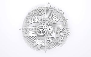 Circle of life wallpaper. All seasons cycle symbol. Spring, summer, autumn, winter. Hands of the life clock. 3D rendering