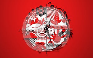 Circle of life wallpaper. All seasons cycle symbol. Spring, summer, autumn, winter. Hands of the life clock. 3D rendering